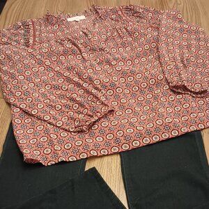 Loft Size XXL Rust with Medallion Pattern Long Sleeve Top (EUC)